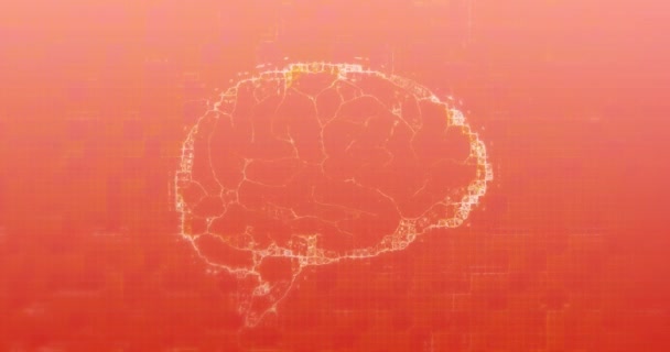 オレンジの背景に回転する人間の脳のアニメーション グローバルサイエンス コンピューティング データ処理の概念デジタル生成されたビデオ — ストック動画