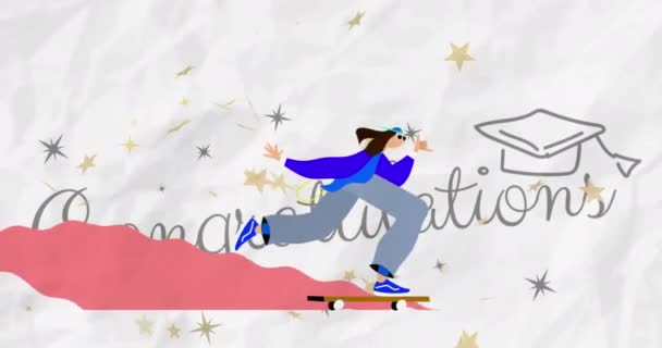 Animation Stars Congratulation Text Graduation Hat Woman Riding Skateboard Έννοια — Αρχείο Βίντεο