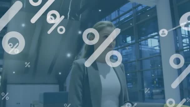 Animation Percentage Icons Network Profiles Caucasian Businesswoman Walking Office Global — Stock Video