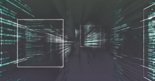 暗い背景にスクリーンとコンピュータのデータ処理のアニメーション グローバルコンピューティングとデータ処理の概念デジタル生成されたビデオ — ストック動画