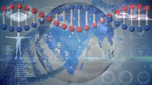 Animación Adn Globo Sobre Procesamiento Datos Científicos Concepto Ciencia Global — Vídeo de stock