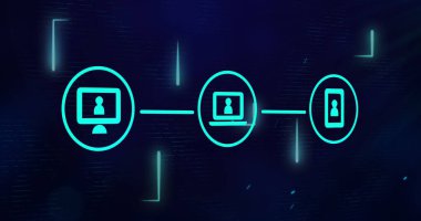 Mavi arkaplandaki ışık yollarının üzerinde üç dijital simgenin oluşturduğu ağın bileşimi. Ağ, iş, finans ve veri işleme kavramı dijital olarak oluşturulmuş görüntü.