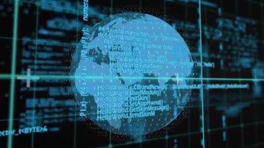 Küre ve veri işleme animasyonu. Küresel ağlar, dijital arayüz, veri işleme ve bağlantılar konsepti dijital olarak oluşturuldu.