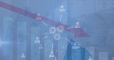 Animation of network of digital icons and statistical data processing against spinning globe. Global networking and business data technology concept