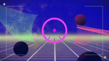 Görüntü bulucudaki dairelerin, altıgenlerin, küresellerin ve dalga desenlerinin soyut arka planda canlandırılması. Dijital olarak üretilmiş, hologram, küreselleşme, şekil, illüstrasyon ve teknoloji kavramı.