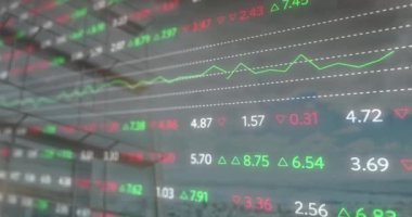 Animation of financial data processing over office building. Global business, finances, computing and data processing concept digitally generated video.