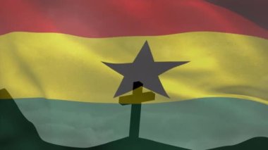 Dağda çarmıha gerilme siluetine karşı Gana bayrağı sallamanın animasyonu. Ulusal din kavramı