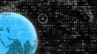 Simgeli ve ikili kodlama veri işlemeli dünyanın animasyonu. Küresel ağlar, dijital arayüz, veri işleme ve bağlantılar konsepti dijital olarak oluşturuldu.