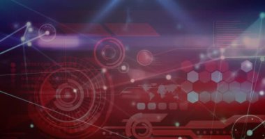 Yuvarlak tarayıcı ve veri işleme arayüzü üzerinden bağlantı ağının animasyonu. Bilgisayar arayüzü ve iş teknolojisi kavramı