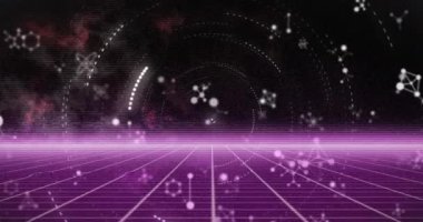 Moleküler yapıların animasyonu ve siyah arkaplanda ızgara ağı üzerinde dönen ışık izleri. Tıbbi araştırma ve bilim teknolojisi kavramı