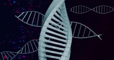 Parlayan parçacıkların üzerinde dönen DNA iplikçiklerinin animasyonu. Küresel bilim, bilgisayar ve veri işleme kavramı dijital olarak oluşturulmuş video.