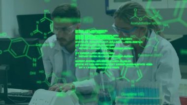 Laboratuvarda çalışan çeşitli erkek ve kadın bilim adamları üzerinde tıbbi veri işleme animasyonu. Tıbbi araştırma ve bilim teknolojisi kavramı