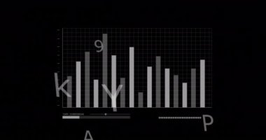 İstatistiklerin, harflerin ve veri işlemenin animasyonu. Küresel ağlar, dijital arayüz, veri işleme ve bağlantılar konsepti dijital olarak oluşturuldu.