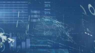 Animation of financial data processing over world map. Global business, finances, computing and data processing concept digitally generated video.