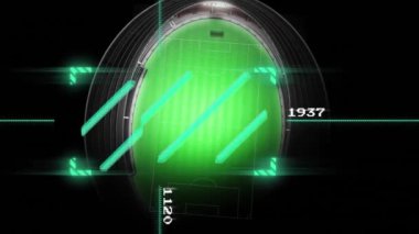 Stadyumun üzerindeki veri işleme ve çerçeve animasyonu. Küresel spor ve dijital arayüz kavramı dijital olarak oluşturulmuş video.