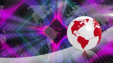 Siyah zemin üzerinde kusursuz desenli neon tünelin üzerinde dönen küre ve dünya haritasının animasyonu. Küresel ağ ve iş teknolojisi kavramı
