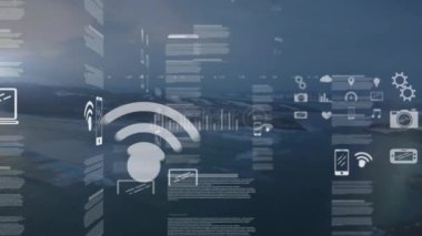 Veri işleme ve peyzaj üzerindeki borsa animasyonları. Küresel iş ve dijital arayüz kavramı dijital olarak oluşturulmuş video.