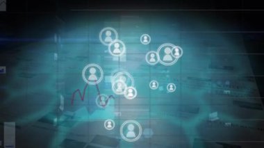 Kağıt rulolarına basılmış gazete üzerinde profil simgeleri ve istatistiksel veri işleme animasyonları. İş veri teknolojisi kavramı