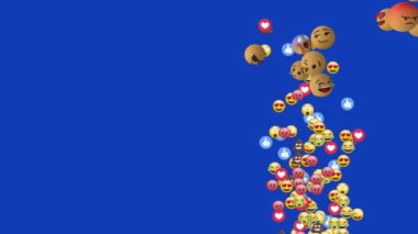 Mavi arka planda süzülen emoji simgelerinin animasyonu. Dijital olarak oluşturulmuş küresel sosyal medya, hesaplama ve veri işleme kavramı.