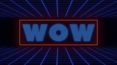 Wow metninin ızgara ve metaevren arkaplan üzerinden animasyonu. Video oyunu, eğlence ve iletişim konsepti dijital olarak oluşturuldu.