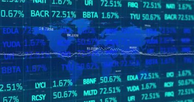 Dünya haritası üzerinde istatistik ve veri işleme animasyonları. Küresel iş veri işleme ve dijital arayüz konsepti dijital olarak oluşturulmuş video.