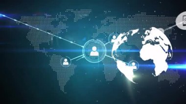 Dünya haritası ve dönen dünya üzerinde profil ve dijital simge ağının animasyonu. Küresel ağ ve iş teknolojisi kavramı