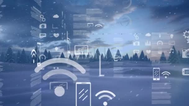 雪の風景の上にデータ処理と株式市場のアニメーション グローバルビジネスとデジタルインターフェースの概念デジタル生成されたビデオ — ストック動画
