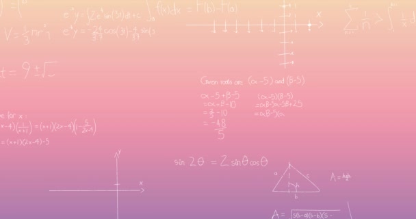 Animatie Van Wiskundige Vergelijkingen Zwevend Tegen Roze Gradiënt Achtergrond Schoolonderwijs — Stockvideo