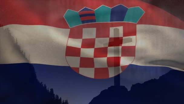 Κινούμενα Σχέδια Κυματίζοντας Κροατική Σημαία Ενάντια Στη Σιλουέτα Της Σταυρώσεως — Αρχείο Βίντεο
