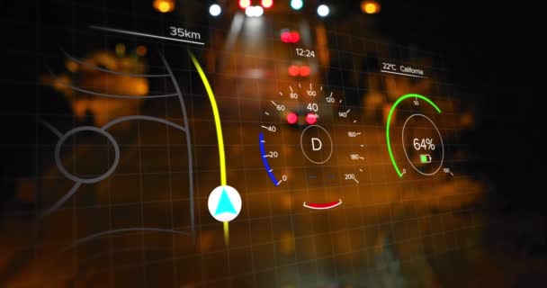 Animazione Interfaccia Auto Wot Navigazione Tachimetro Contro Traffico Notturno Della — Video Stock