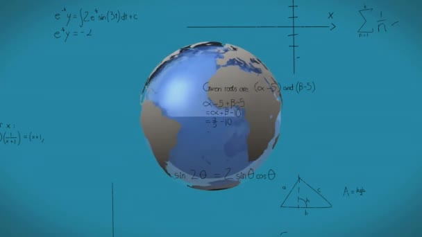 在蓝色背景下在平面上运行的数学方程和图解的动画 数字生成的全息图 全球化 运输和技术概念 — 图库视频影像