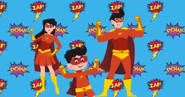 パワーとザップのテキストバナーに対するスーパーヒーローの衣装で父 母と息子のアニメーション 家族愛の概念 — ストック動画
