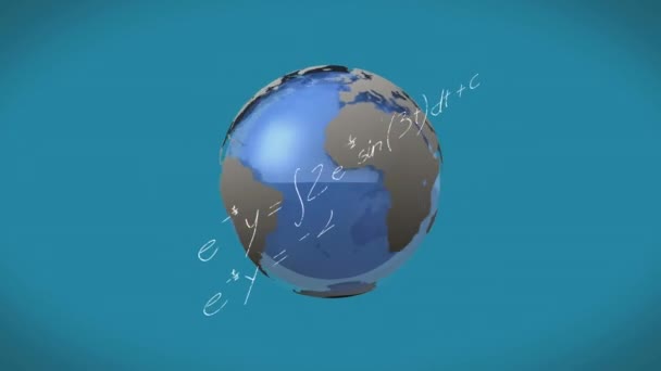 Animatie Van Wiskundige Vergelijkingen Diagrammen Draaiende Globe Tegen Blauwe Achtergrond — Stockvideo