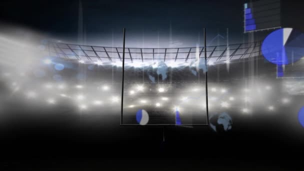 スポーツスタジアムのラグビーピッチ上の財務データ処理のアニメーション グローバルスポーツ ビジネス コンピューティング データ処理の概念デジタル生成ビデオ — ストック動画