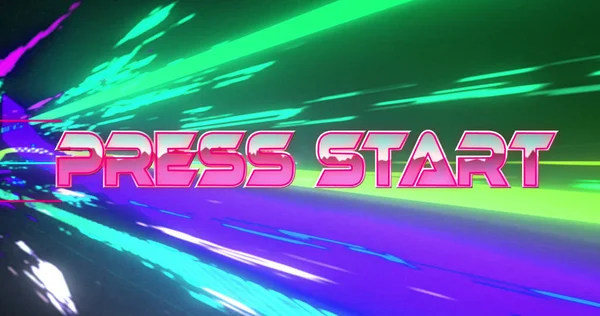 Image of press start text on multi coloured background. Global image game, digital interface and connections concept digitally generated image.