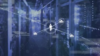 Bilgisayar sunucuları üzerinden bağlantı ağının animasyonu. Küresel ağlar, işletmeler, finansmanlar, hesaplama ve veri işleme kavramı dijital olarak oluşturuldu.