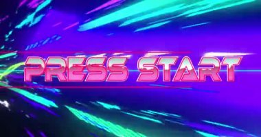 Çok renkli arkaplan üzerindeki basın başlangıç metninin canlandırması. Genel video oyunu, dijital arayüz ve bağlantılar konsepti dijital olarak oluşturuldu.