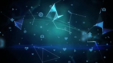 Işıklandırılmış dünyanın birbirine bağlı noktalar üzerinde canlandırılması, arka planda simgelerle soyut şekiller oluşturur. Dijital olarak üretilen, hologram, illüstrasyon, iletişim, küreselleşme ve teknoloji kavramı.