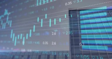 Animation of financial data processing over office building. Global business, finances, computing and data processing concept digitally generated video.