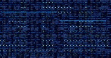 İkili kodlama ve veri işleme animasyonu. Küresel ağlar, dijital arayüz, veri işleme ve bağlantılar konsepti dijital olarak oluşturuldu.