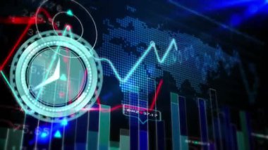 Dünya haritası üzerinde neon saat, istatistiksel ve borsa veri işleme animasyonları. Küresel ekonomi ve iş teknolojisi kavramı