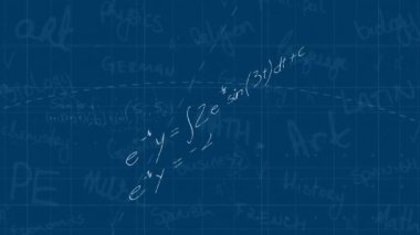 Matematiksel denklemlerin mavi arkaplan ile ağ üzerinden animasyonu. Okul ve denklem teknolojisi kavramı