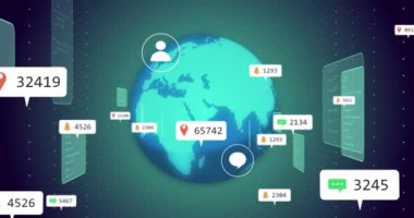 Simgeli ve veri işlemeli kürenin animasyonu. Küresel ağlar, dijital arayüz, veri işleme ve bağlantılar konsepti dijital olarak oluşturuldu.