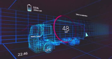 Pil simgesiyle daireler çizerek değişen numaraların animasyonu şebeke şablonunda 3 boyutlu kamyon modeli üzerinde. Dijital olarak üretilmiş, hologram, ölçüm, büyüme, plan, ulaşım ve teknoloji.