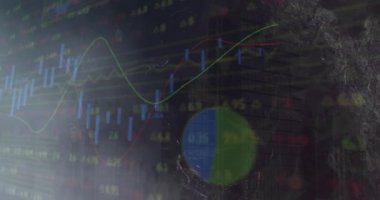 Animation of data processing over shapes moving. Global business and digital interface concept digitally generated video.