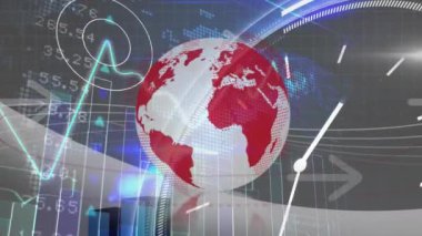 Saat, dünya ve dünya haritası üzerinde finansal veri işleme animasyonu. Küresel iş, finans, hesaplama ve veri işleme kavramı dijital olarak oluşturulmuş video.