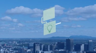 Dijital simge ağının şehir manzarasının havadan görüntüsüne karşı animasyonu. Küresel ağ ve iş teknolojisi kavramı