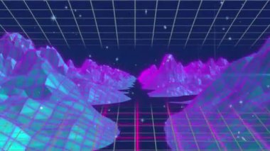 Meta-evren yapılar üzerinde parlayan yıldızların animasyonu mavi arkaplan karşısında şebeke ağında. İş teknolojisi kavramı