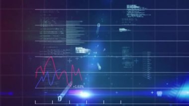 Karanlık arka planda ikili kodlama ve finansal veri işleme animasyonu. Küresel iş, finans, hesaplama ve veri işleme kavramı dijital olarak oluşturulmuş video.