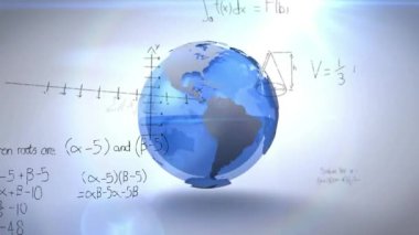 Soyut arkaplana karşı dönen dünya üzerinde matematiksel denklemlerin ve diyagramların animasyonu. Dijital olarak üretilmiş, hologram, küreselleşme, formüller, çözümler ve teknoloji kavramı.
